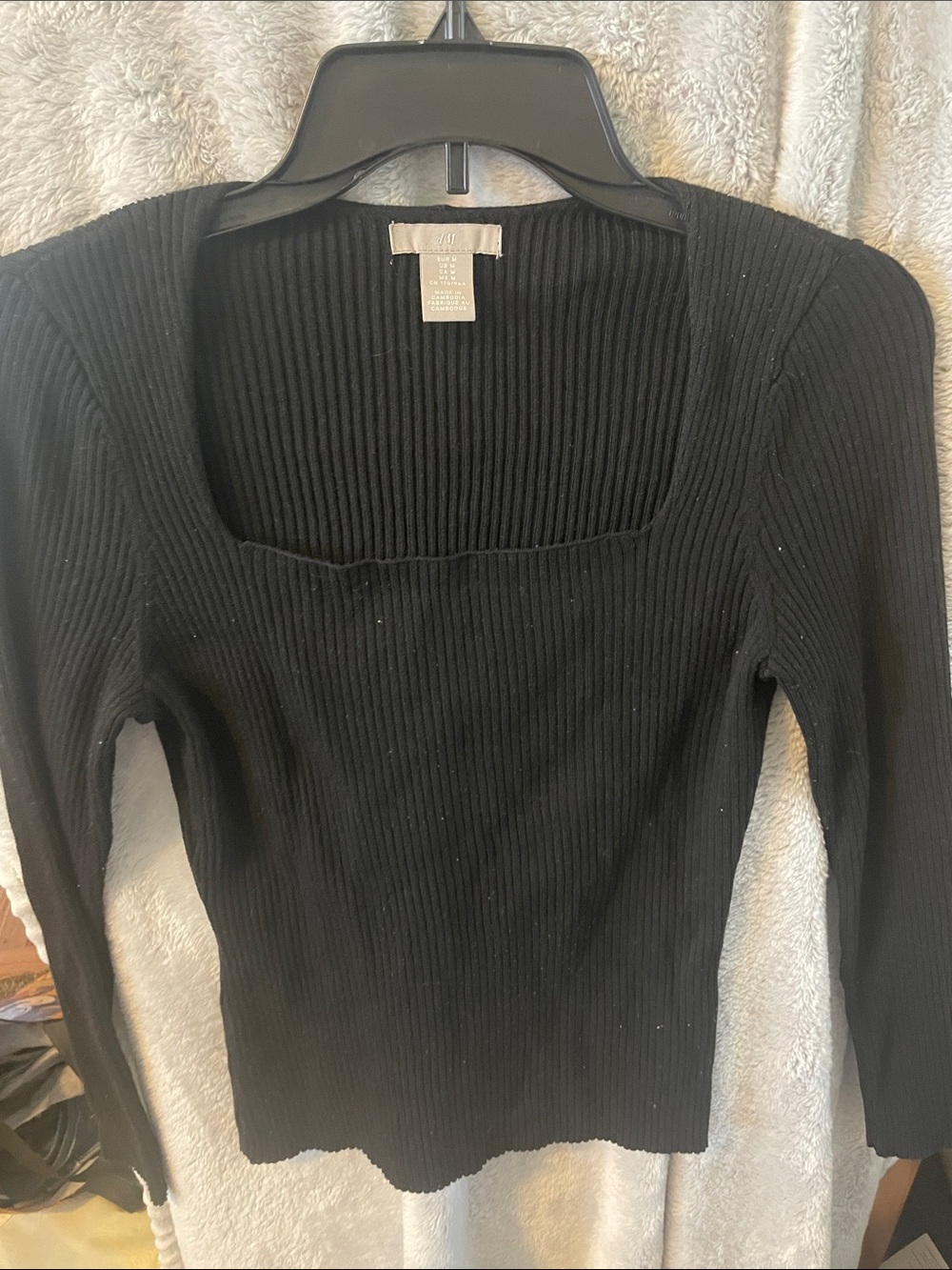 H&M Black Ribbed Square-Neck Long Sleeve Top
